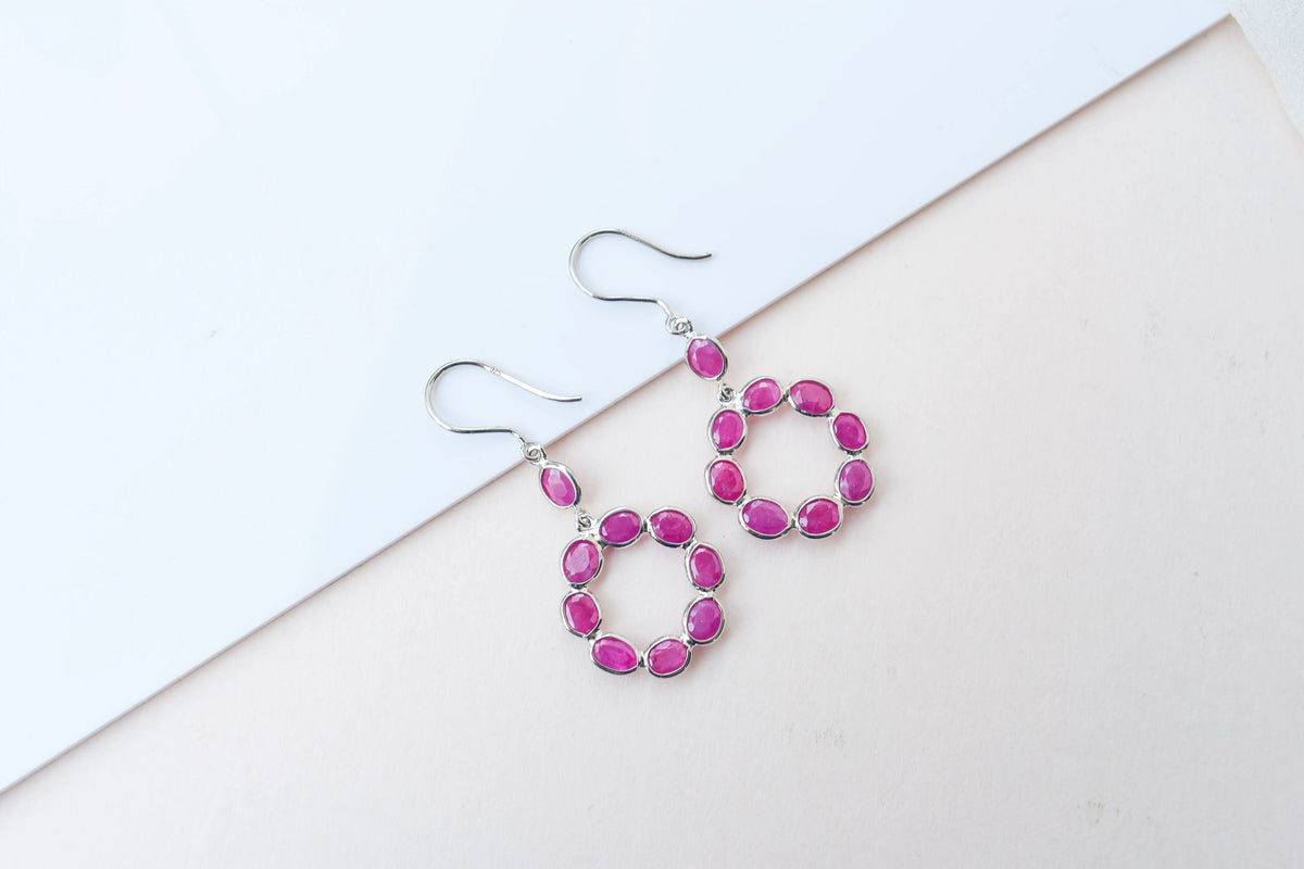 925 Silver Ruby Wreath Drop Earrings – Handmade Open Circle Statement Jewelry