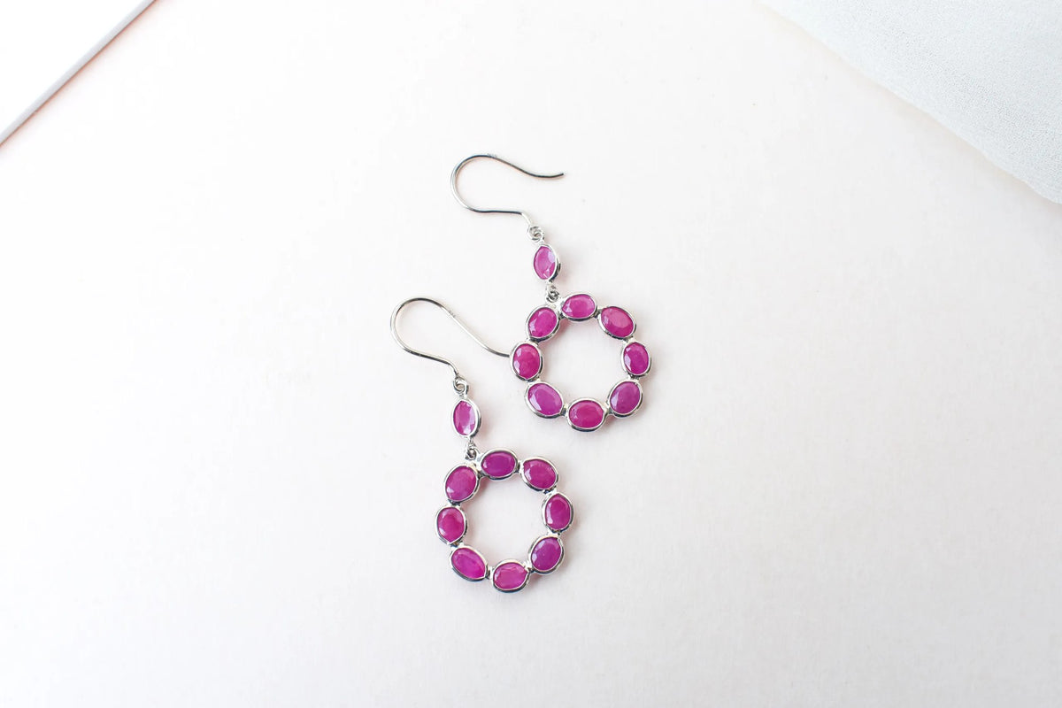 925 Silver Ruby Wreath Drop Earrings – Handmade Open Circle Statement Jewelry