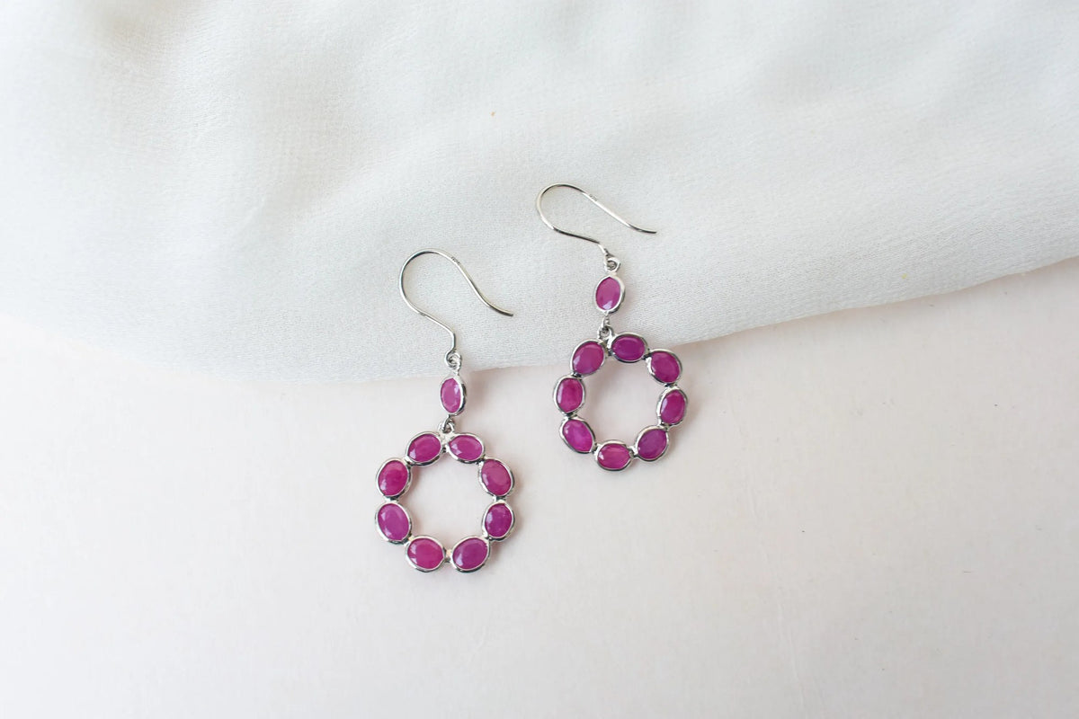925 Silver Ruby Wreath Drop Earrings – Handmade Open Circle Statement Jewelry