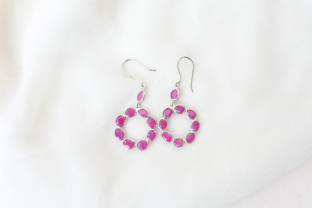 925 Silver Ruby Wreath Drop Earrings – Handmade Open Circle Statement Jewelry