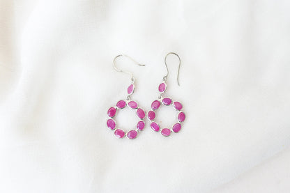 925 Silver Ruby Wreath Drop Earrings – Handmade Open Circle Statement Jewelry