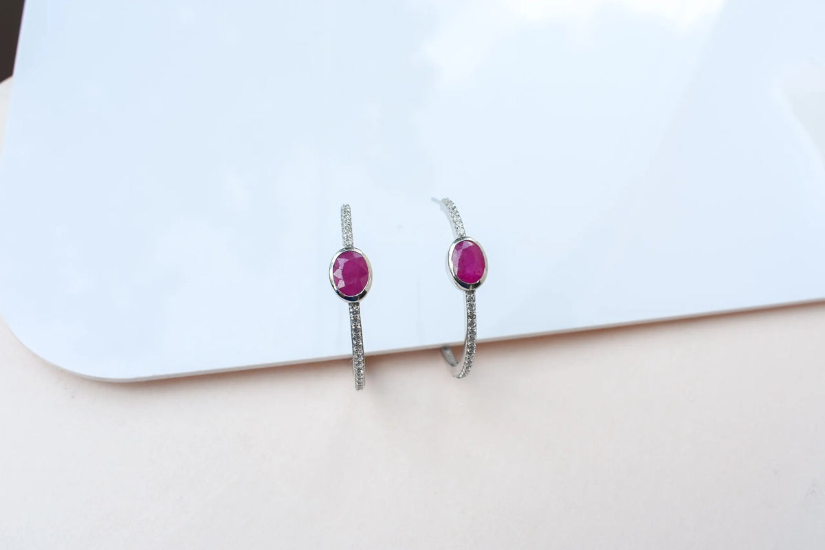 Ruby Pavé Open Hoop Earrings in 925 Silver – Designer Everyday Gemstone Jewelry