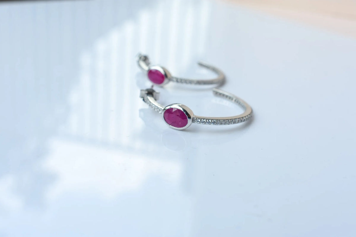 Ruby Pavé Open Hoop Earrings in 925 Silver – Designer Everyday Gemstone Jewelry