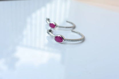 Ruby Pavé Open Hoop Earrings in 925 Silver – Designer Everyday Gemstone Jewelry