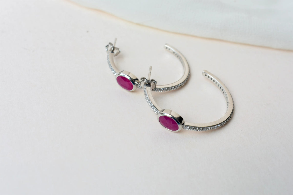 Ruby Pavé Open Hoop Earrings in 925 Silver – Designer Everyday Gemstone Jewelry