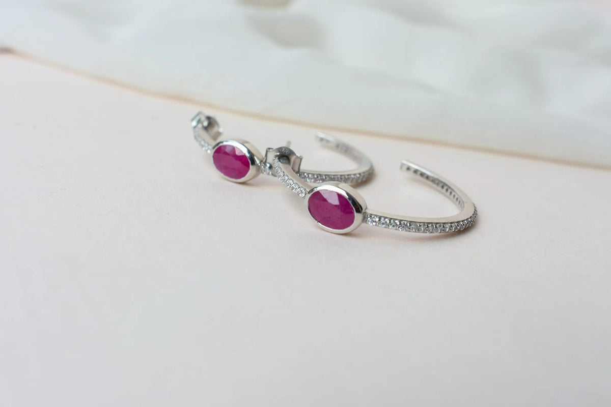 Ruby Pavé Open Hoop Earrings in 925 Silver – Designer Everyday Gemstone Jewelry