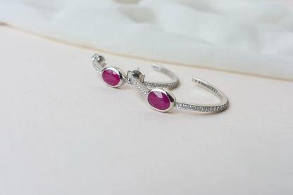 Ruby Pavé Open Hoop Earrings in 925 Silver – Designer Everyday Gemstone Jewelry