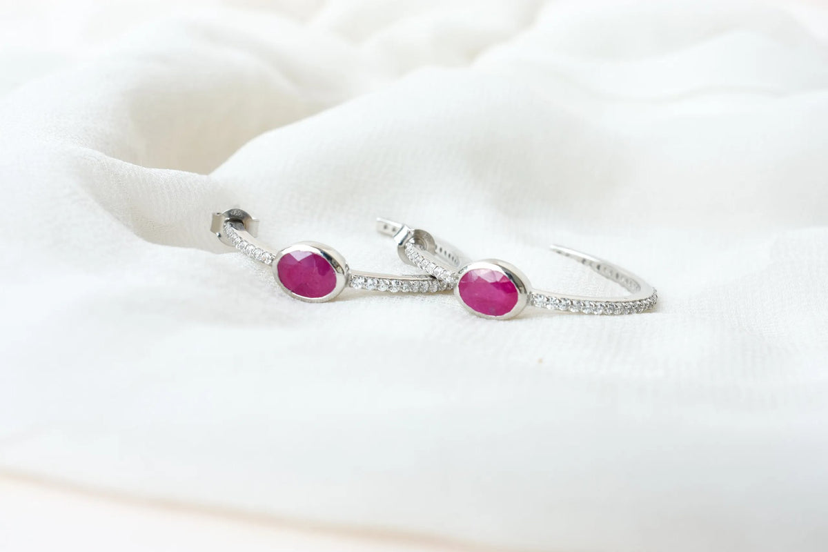 Ruby Pavé Open Hoop Earrings in 925 Silver – Designer Everyday Gemstone Jewelry