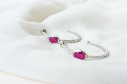 Ruby Pavé Open Hoop Earrings in 925 Silver – Designer Everyday Gemstone Jewelry