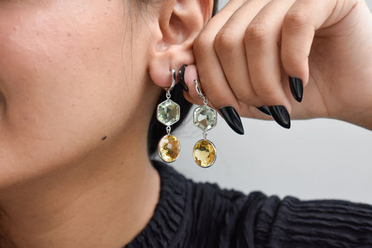 Citrine Green Amethyst Two-Stone Drop Earrings in 925 Silver – Multi Gemstone Jewelry
