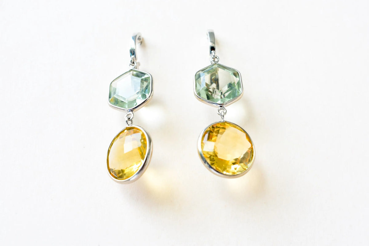 Citrine Green Amethyst Two-Stone Drop Earrings in 925 Silver – Multi Gemstone Jewelry