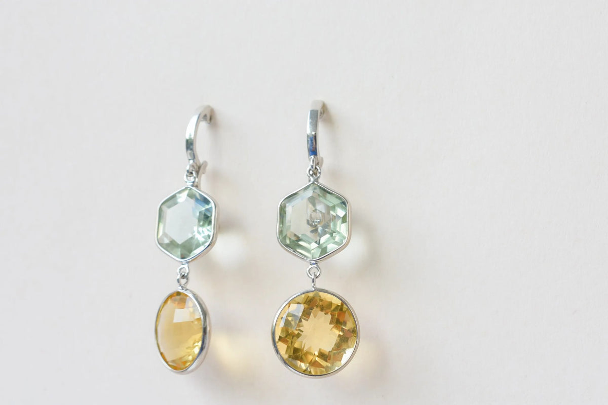 Citrine Green Amethyst Two-Stone Drop Earrings in 925 Silver – Multi Gemstone Jewelry