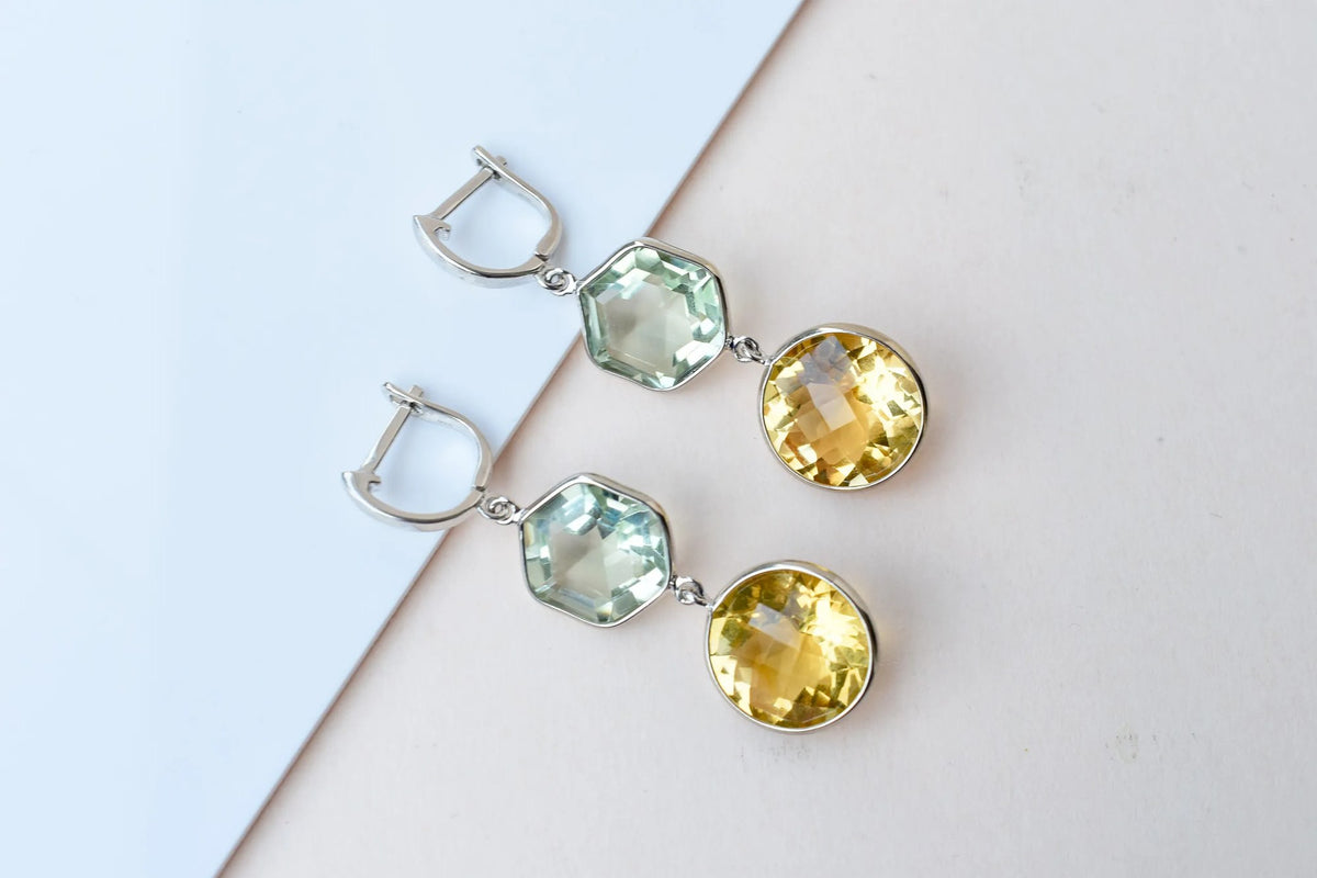 Citrine Green Amethyst Two-Stone Drop Earrings in 925 Silver – Multi Gemstone Jewelry