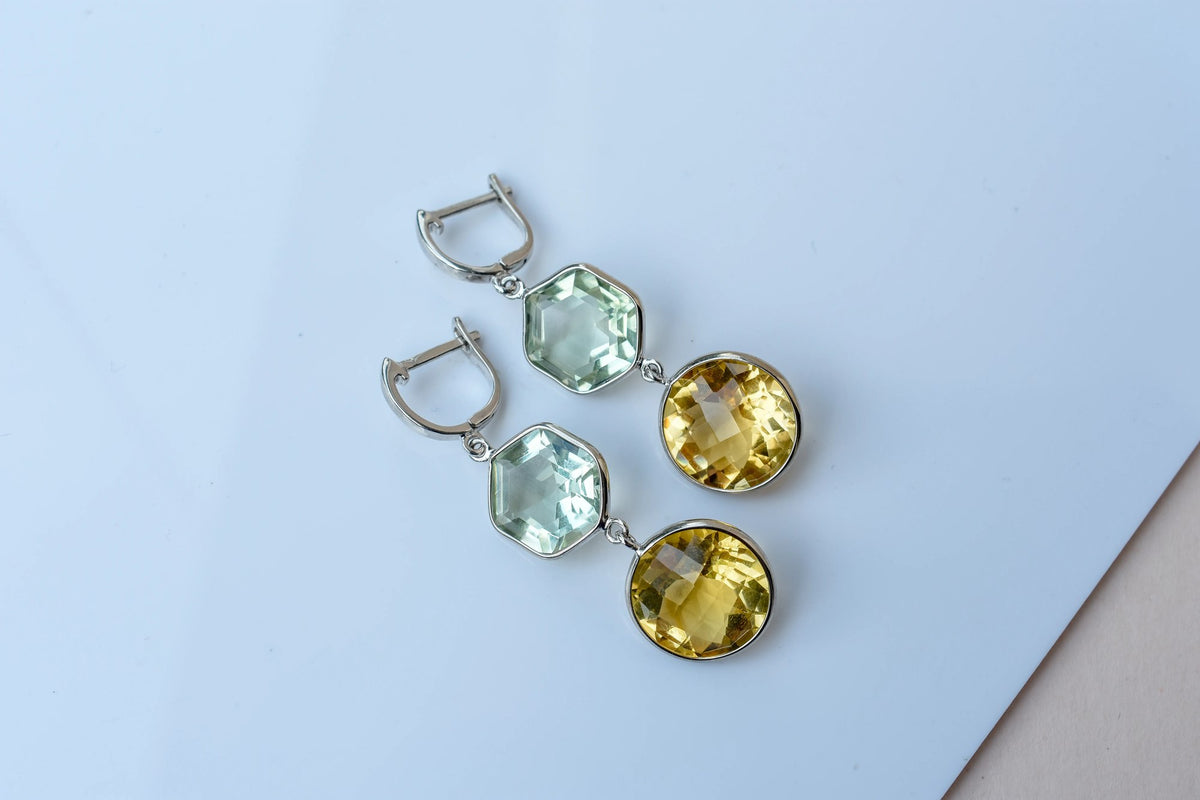 Citrine Green Amethyst Two-Stone Drop Earrings in 925 Silver – Multi Gemstone Jewelry