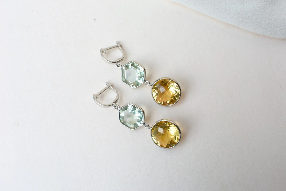 Citrine Green Amethyst Two-Stone Drop Earrings in 925 Silver – Multi Gemstone Jewelry