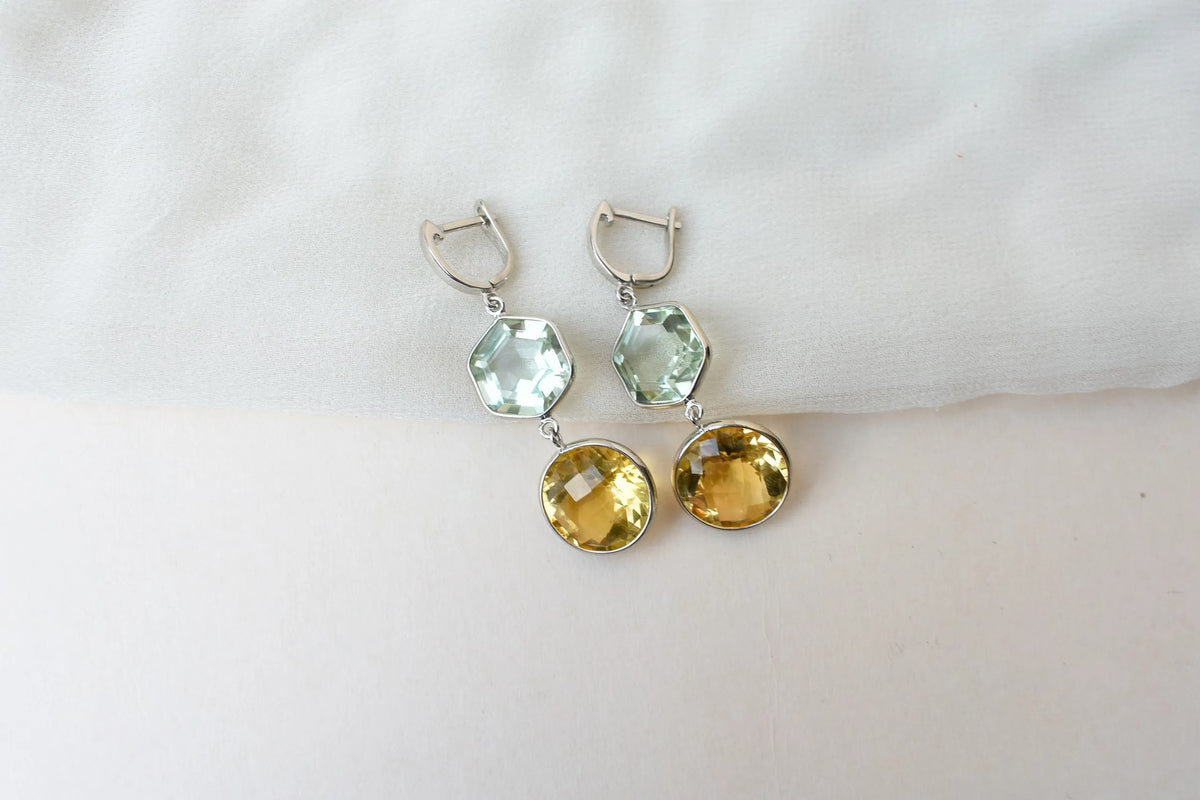 Citrine Green Amethyst Two-Stone Drop Earrings in 925 Silver – Multi Gemstone Jewelry