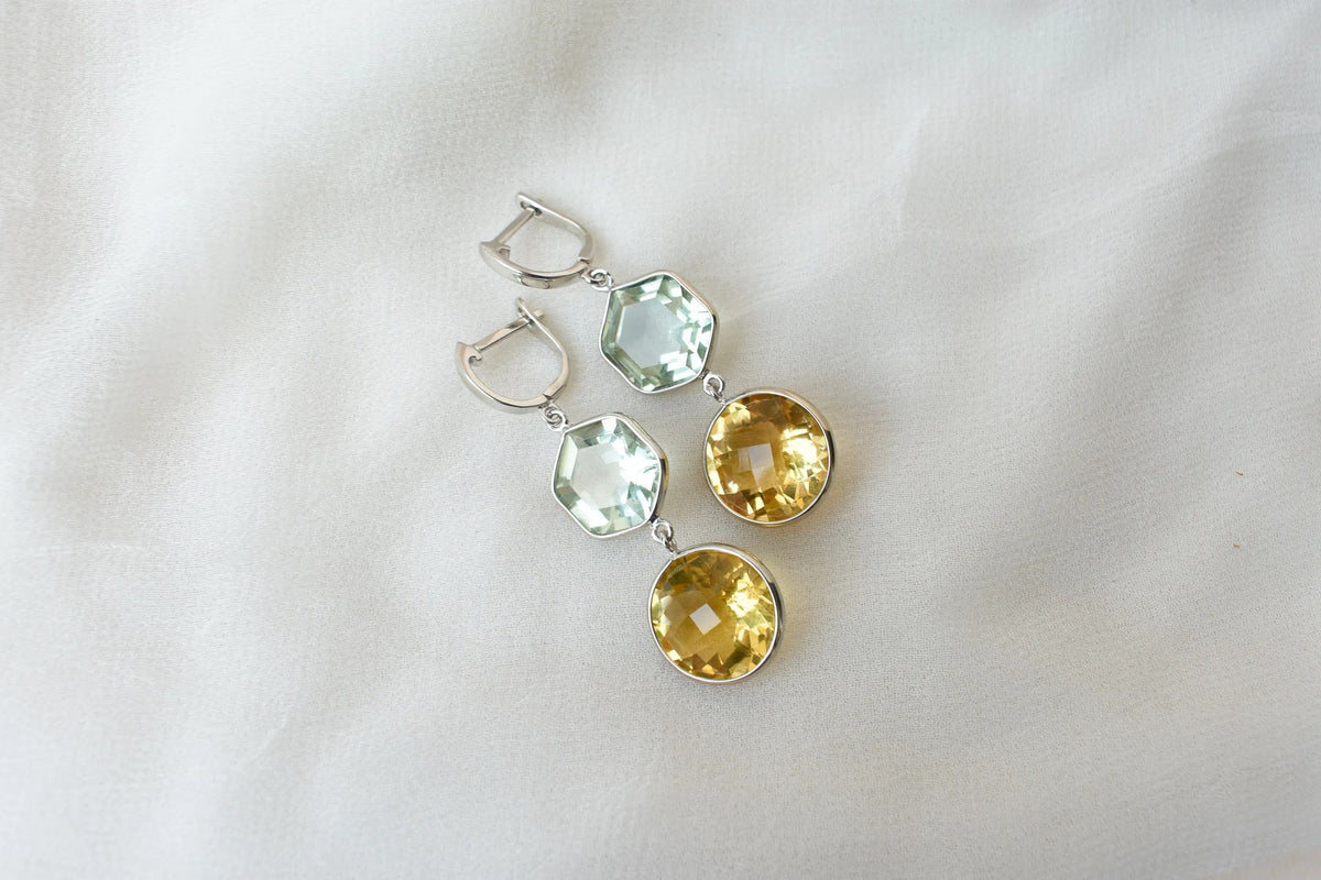 Citrine Green Amethyst Two-Stone Drop Earrings in 925 Silver – Multi Gemstone Jewelry