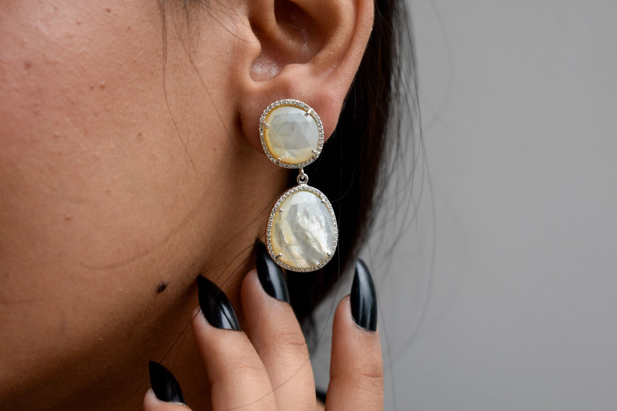 Mother of Pearl Halo Drop Earrings in 925 Silver – Designer Two-Tier Jewelry