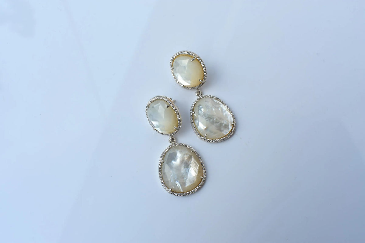 Mother of Pearl Halo Drop Earrings in 925 Silver – Designer Two-Tier Jewelry