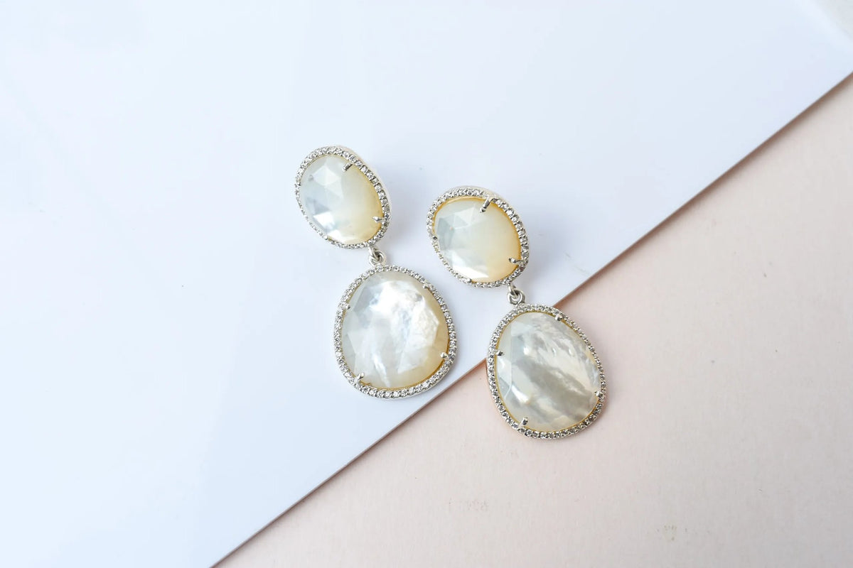 Mother of Pearl Halo Drop Earrings in 925 Silver – Designer Two-Tier Jewelry