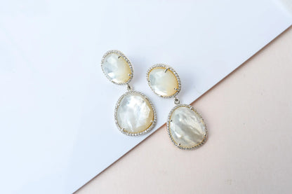Mother of Pearl Halo Drop Earrings in 925 Silver – Designer Two-Tier Jewelry