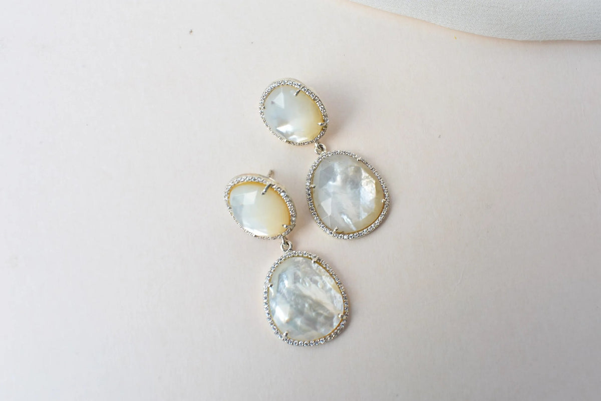 Mother of Pearl Halo Drop Earrings in 925 Silver – Designer Two-Tier Jewelry