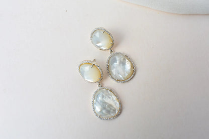 Mother of Pearl Halo Drop Earrings in 925 Silver – Designer Two-Tier Jewelry