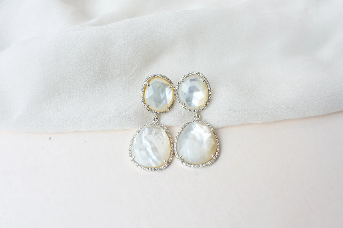 Mother of Pearl Halo Drop Earrings in 925 Silver – Designer Two-Tier Jewelry