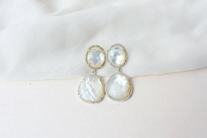 Mother of Pearl Halo Drop Earrings in 925 Silver – Designer Two-Tier Jewelry