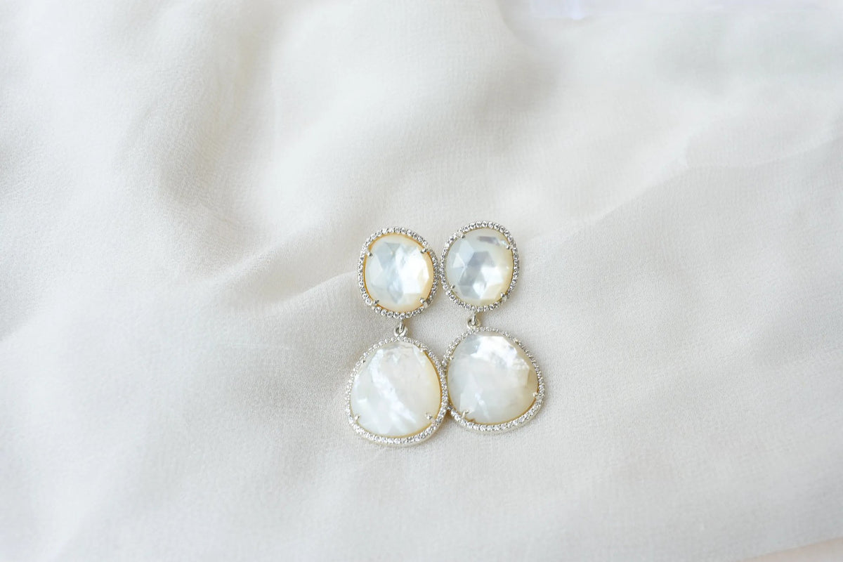 Mother of Pearl Halo Drop Earrings in 925 Silver – Designer Two-Tier Jewelry