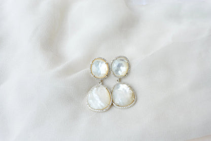 Mother of Pearl Halo Drop Earrings in 925 Silver – Designer Two-Tier Jewelry