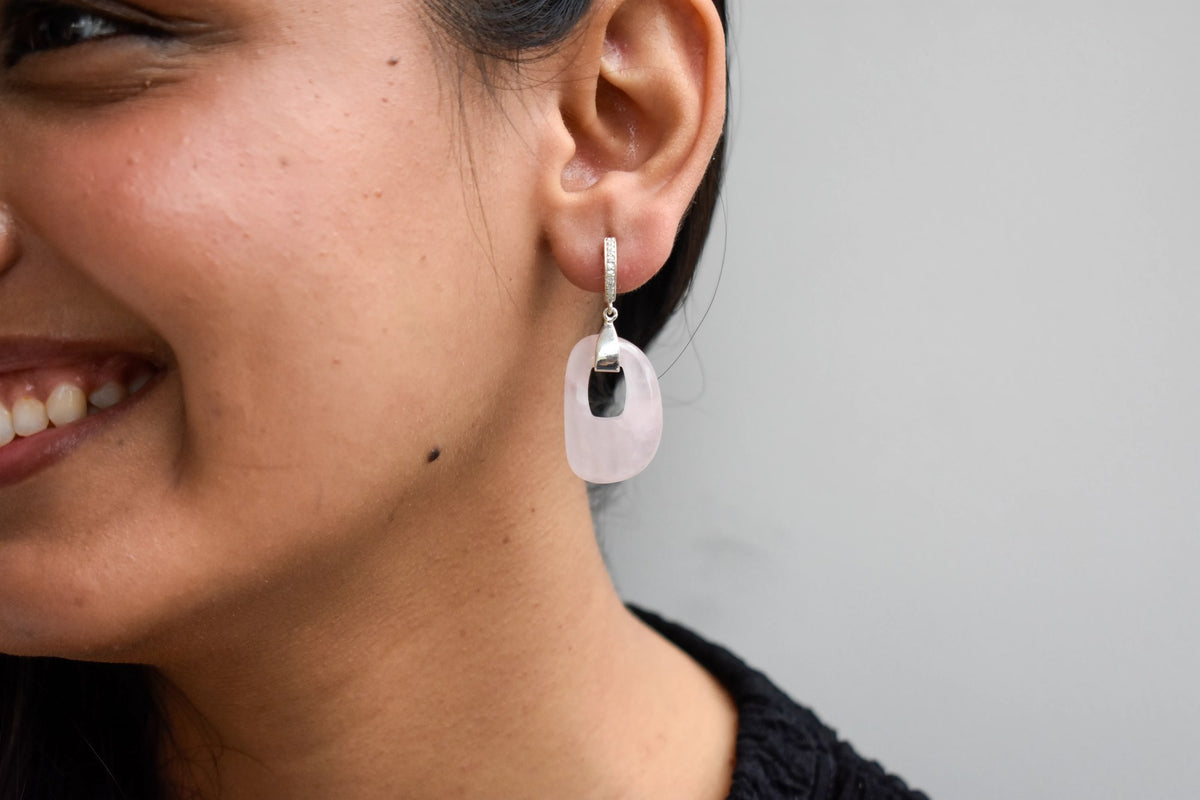 Rose Quartz Link Drop Earrings in 925 Silver – Handmade Pavé Statement Jewelry
