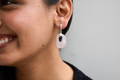 Rose Quartz Link Drop Earrings in 925 Silver – Handmade Pavé Statement Jewelry