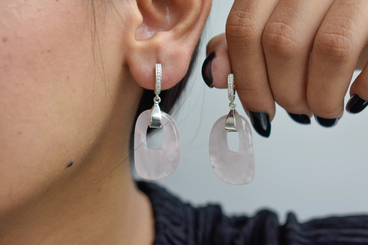 Rose Quartz Link Drop Earrings in 925 Silver – Handmade Pavé Statement Jewelry
