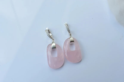 Rose Quartz Link Drop Earrings in 925 Silver – Handmade Pavé Statement Jewelry