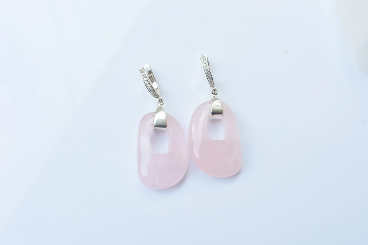 Rose Quartz Link Drop Earrings in 925 Silver – Handmade Pavé Statement Jewelry