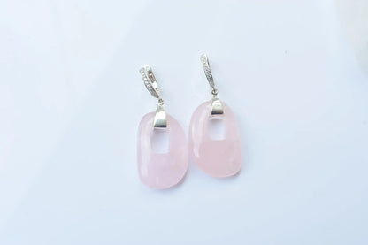 Rose Quartz Link Drop Earrings in 925 Silver – Handmade Pavé Statement Jewelry
