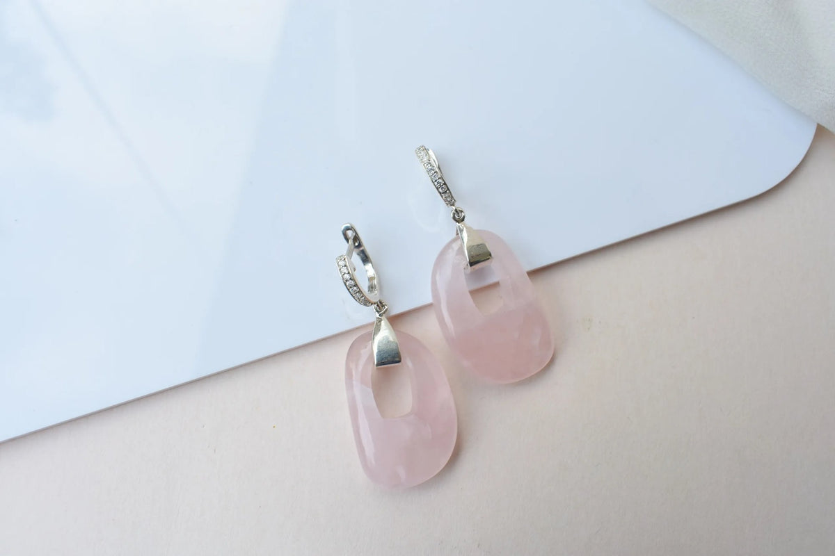 Rose Quartz Link Drop Earrings in 925 Silver – Handmade Pavé Statement Jewelry