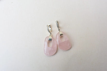 Rose Quartz Link Drop Earrings in 925 Silver – Handmade Pavé Statement Jewelry