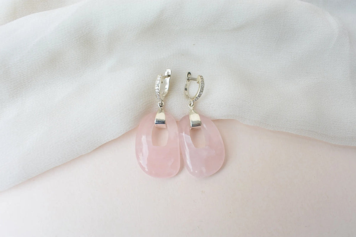 Rose Quartz Link Drop Earrings in 925 Silver – Handmade Pavé Statement Jewelry