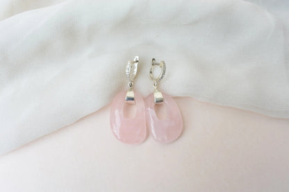 Rose Quartz Link Drop Earrings in 925 Silver – Handmade Pavé Statement Jewelry