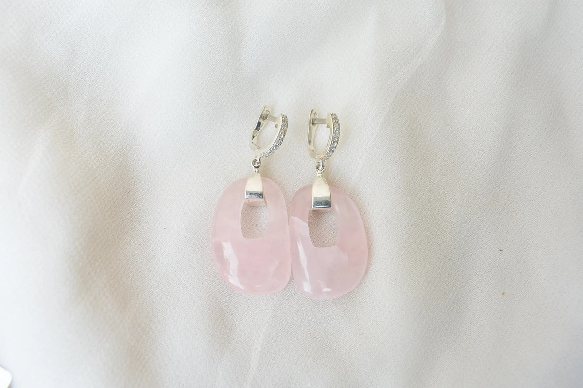 Rose Quartz Link Drop Earrings in 925 Silver – Handmade Pavé Statement Jewelry