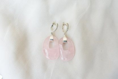 Rose Quartz Link Drop Earrings in 925 Silver – Handmade Pavé Statement Jewelry