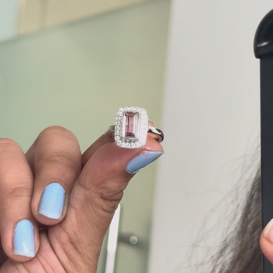 Pink Tourmaline Emerald-Cut Halo Ring in 925 Silver – Handmade Statement Fine Jewelry - process video