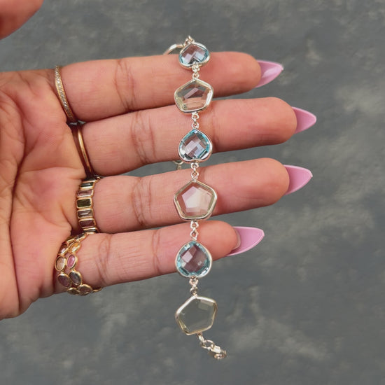 Green Amethyst and Sky Blue Topaz Bezel Bracelet in 925 Silver – Handmade Statement Gemstone Jewelry - process video