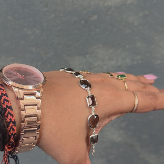 Smoky Quartz Bezel Bracelet in Silver – Handmade Oval Emerald-Cut Statement Jewelry - process video