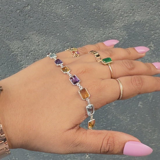 Citrine, Amethyst, and Blue Topaz Bracelet in Silver – Handmade Emerald-Cut Statement Jewelry - process video