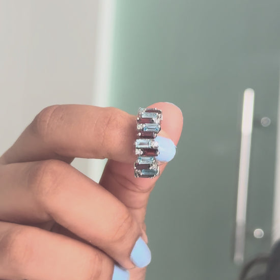Multi Gemstone Baguette Eternity Ring in 925 Silver – Garnet and Swiss Blue Topaz Statement Band - process video