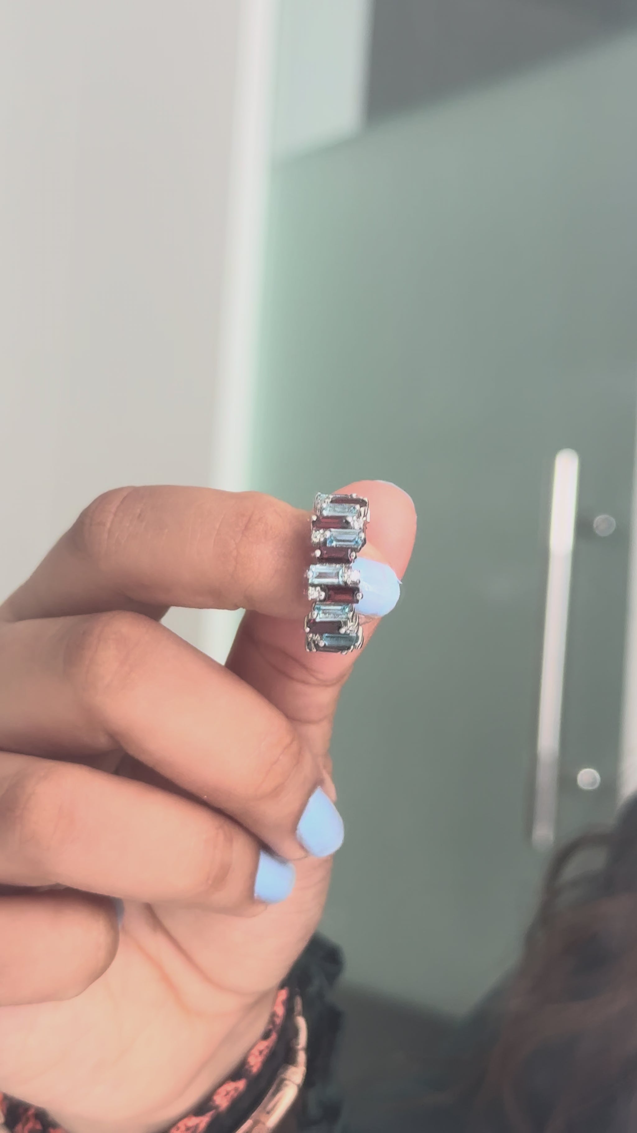Multi Gemstone Baguette Eternity Ring in 925 Silver – Garnet and Swiss Blue Topaz Statement Band - process video