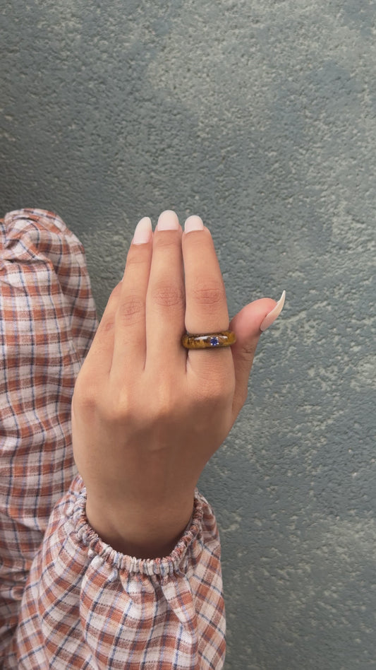 Tiger's Eye Band Ring with Tanzanite in 14K Gold – Handmade Carved Stone Ring